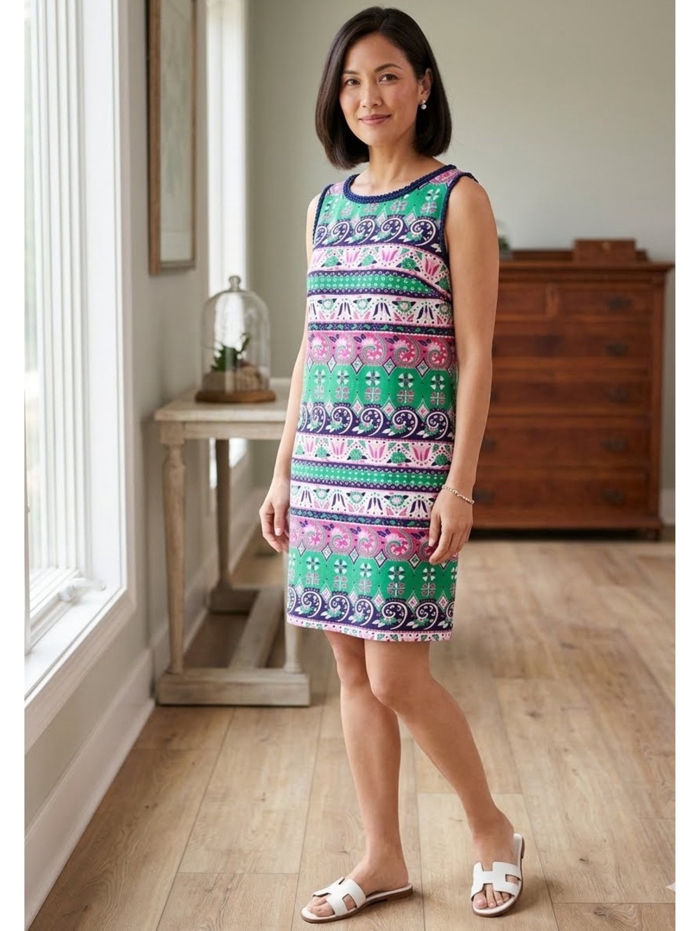 NWT Talbots Fringed Sheath Dress Pink/Green/Navy Size 12 Preppy Mod Floral